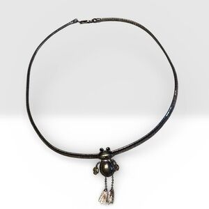 Silver Frog Pendant on Silver Choker Herringbone Chain, Y2K